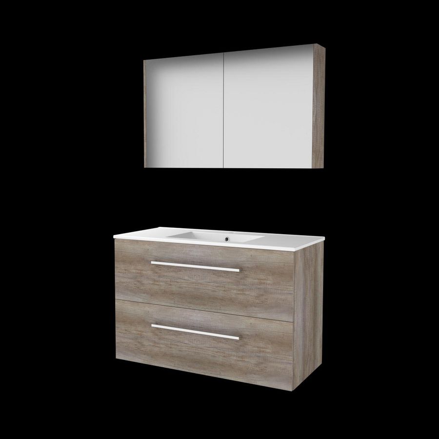 Set COMFORT-46 onderkast 100cm Scotch Oak grepen chroom 2x la porselein wastafel 1x kraangat spiegelkast (C46GR100PSO)