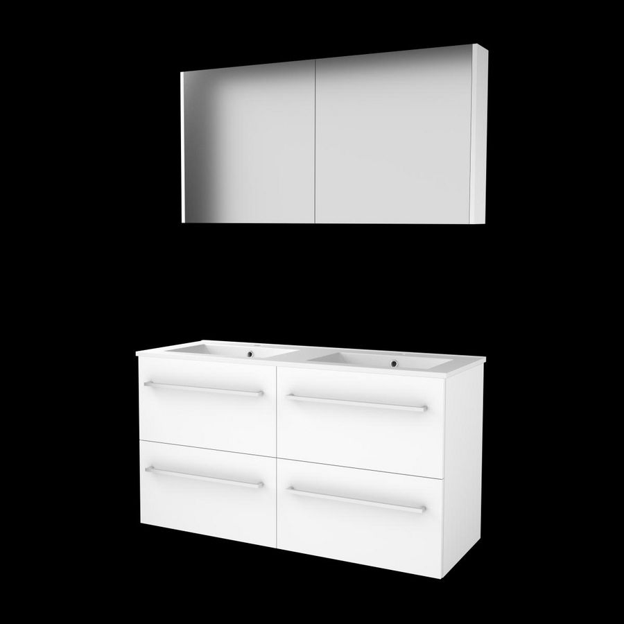 Set COMFORT-46 onderkast 120cm Ice White (2x 60cm) grepen chroom 4x la porselein wastafel 2x kraangat spiegelkast (C46GR120PIW)