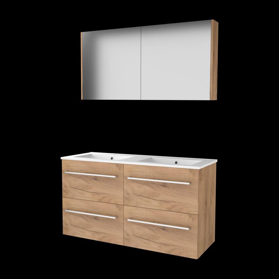 Set COMFORT-46 onderkast 120cm Whisky Oak (2x 60cm) grepen chroom 4x la porselein wastafel 2x kraangat spiegelkast (C46GR120PWO)