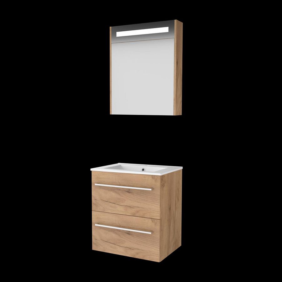 Set PREMIUM-46 onderkast whisky oak 60cm grepen chroom 2x la porselein wastafel 1x kraangat spiegelkast geïn. LED-verl. (P46GR60PWO)
