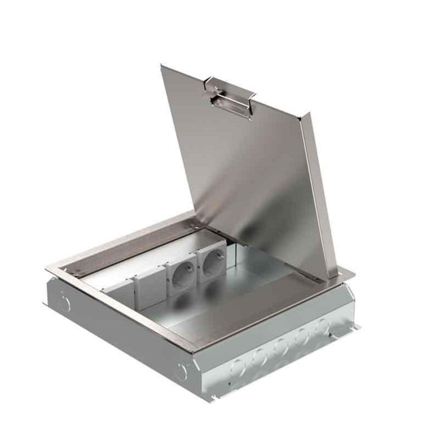 Vloercontactdoos instort 50mm 2x wandcontactdoos 4x M45 leeg RVS T15 klapd.