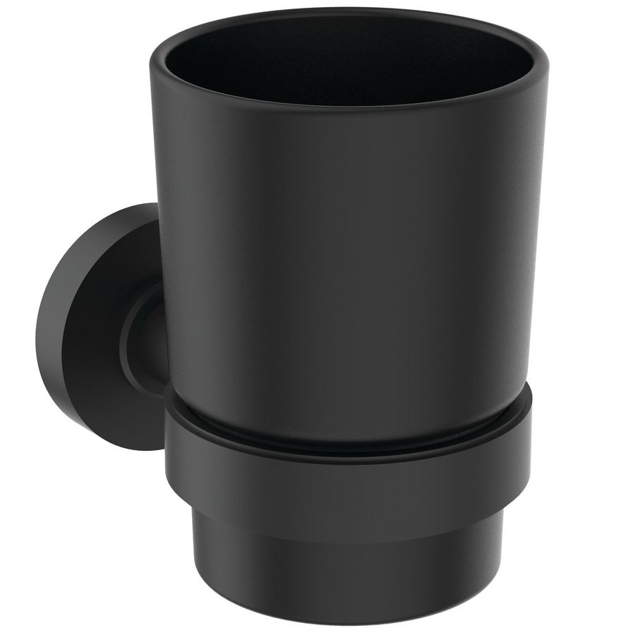 Bekerhouder m. beker zwart glas wandmontage silk black IOM