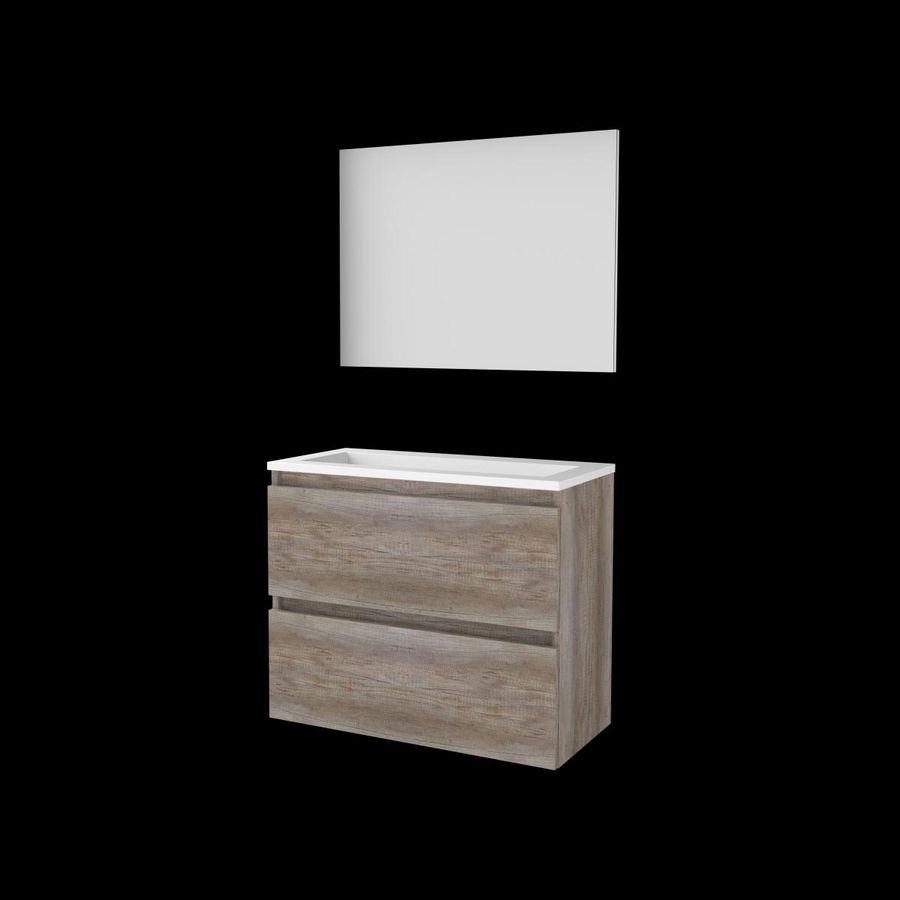 Set BASIC-39 onderkast 80cm Scotch Oak greeploos 2x la acryl wastafel z/ kraangat spiegel op plaat (B39GL80A0SO)