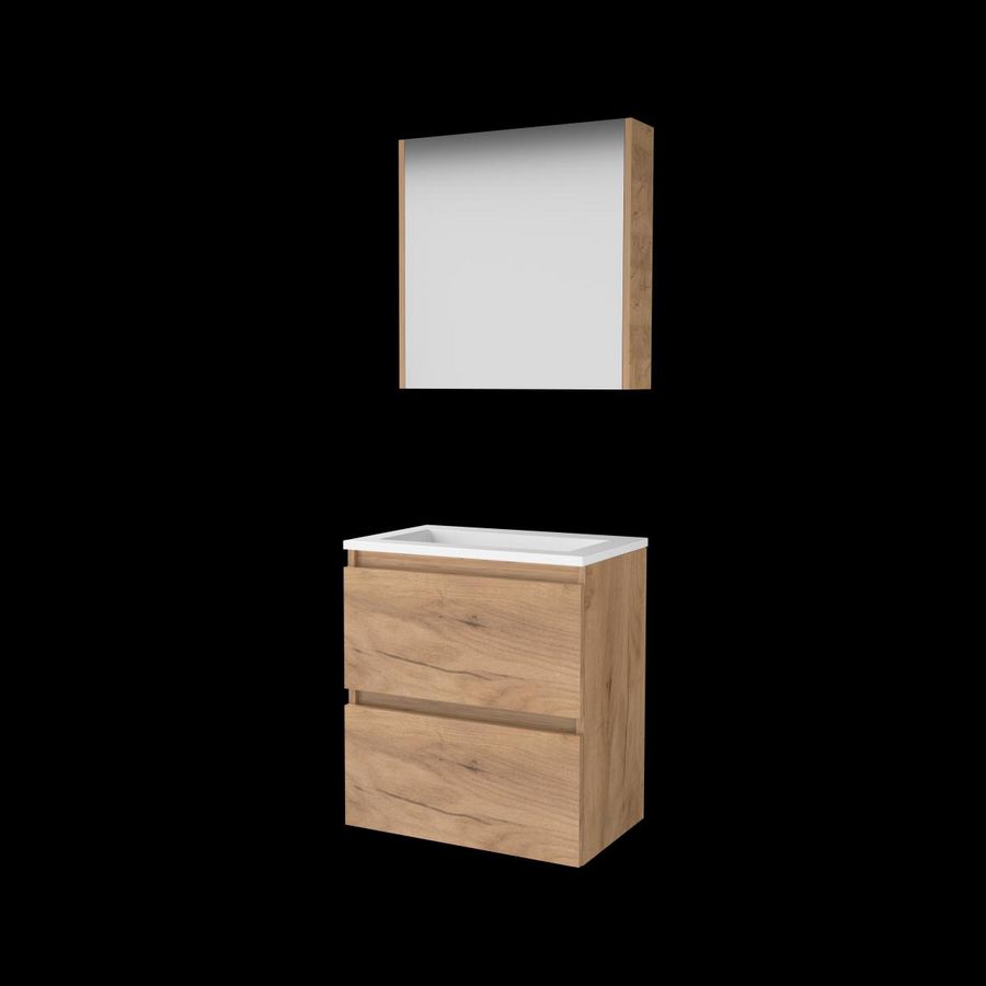 Set COMFORT-39 onderkast 60cm Whisky Oak greeploos 2x la acryl wastafel z/ kraangat spiegelkast (C39GL60A0WO)
