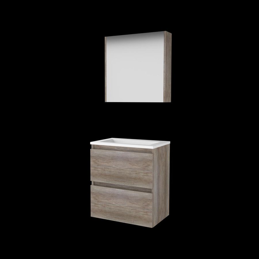 Set COMFORT-39 onderkast 60cm Scotch Oak greeploos 2x la acryl wastafel z/ kraangat spiegelkast (C39GL60A0SO)