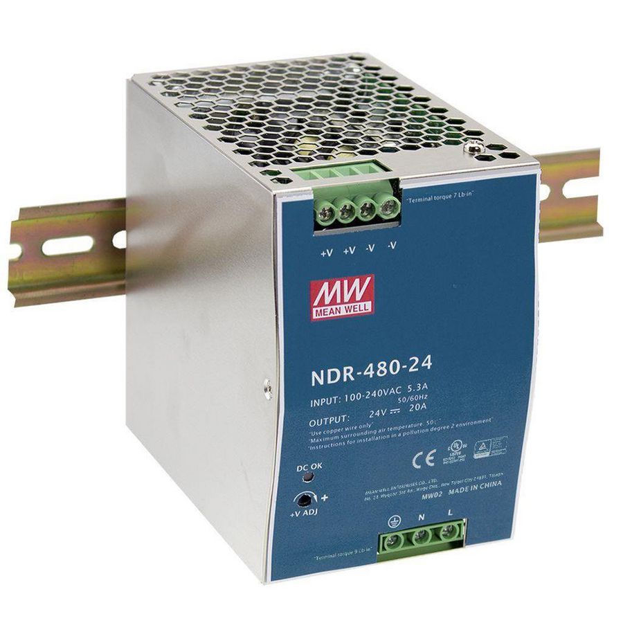 AC-DC enkele outp Ind. DIN rail voeding 24Vdc 20A metale beh