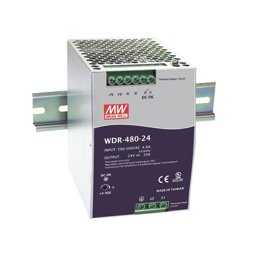 AC-DC Ind. DIN rail voeding 24Vdc 20A 180-550Vac 1/2 fase