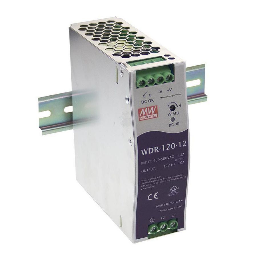 AC-DC Ind. DIN rail voeding 12Vdc 10A 180-550Vac 1/2 fase