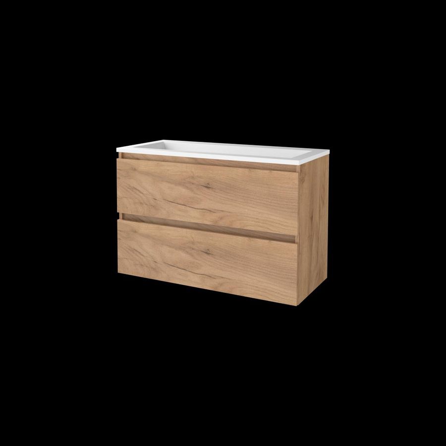Set START-46 onderkast whisky oak 100cm greeploos 2x la acryl wastafel z/ kraangat (S46GL100A0WO)