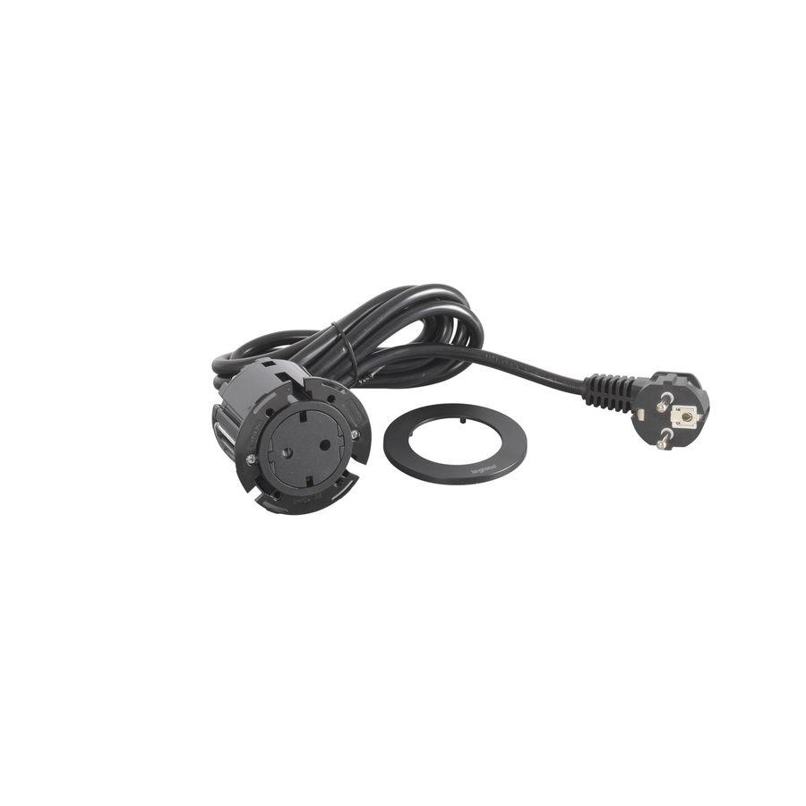 Wandcontactdoos zwart + stekker+snoer L2m. Disq60