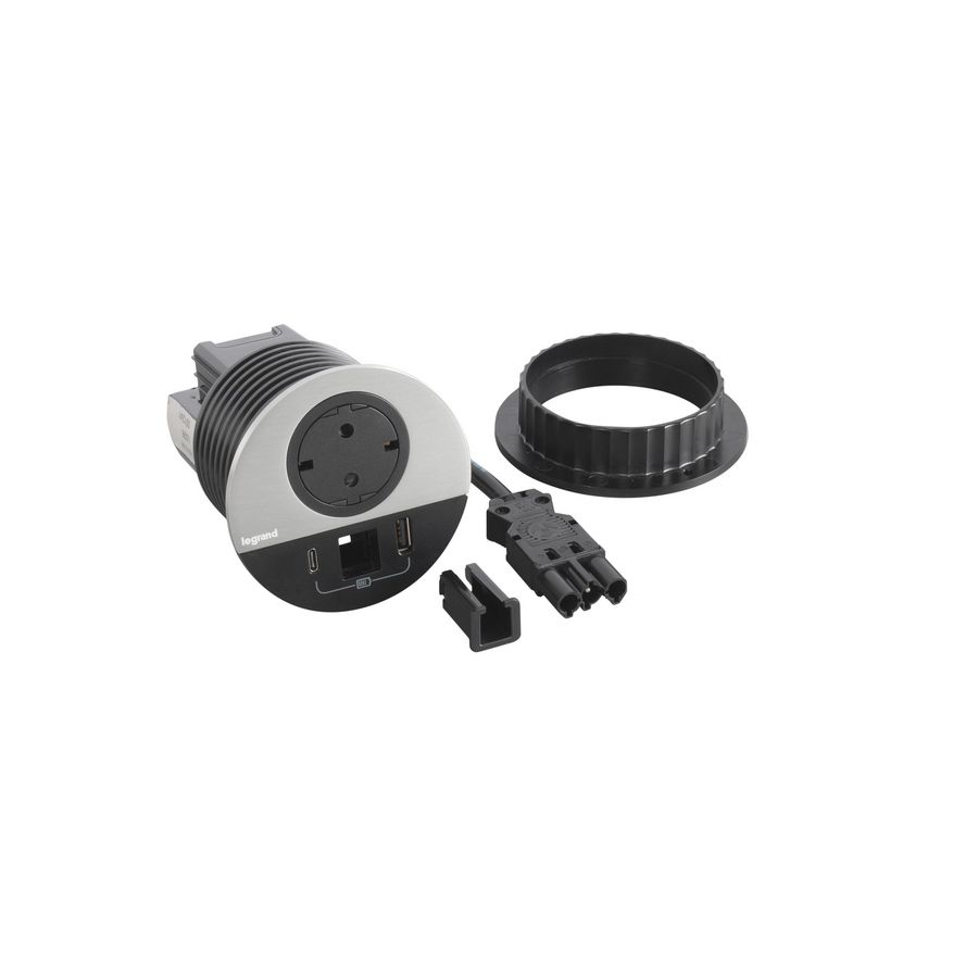 Wandcontactdoos ALU + USB + kabeld. + Wiel. Disq80