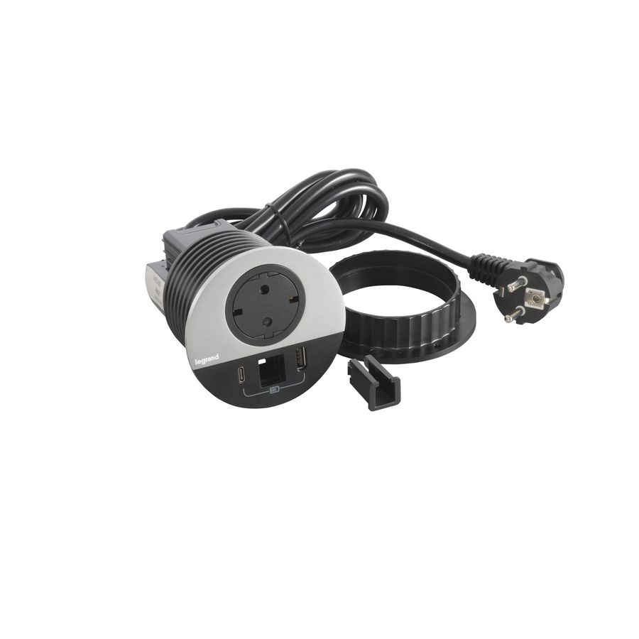 Wandcontactdoos ALU+ USB + kabeldoorvoer+snoer L0,5m. Disq80