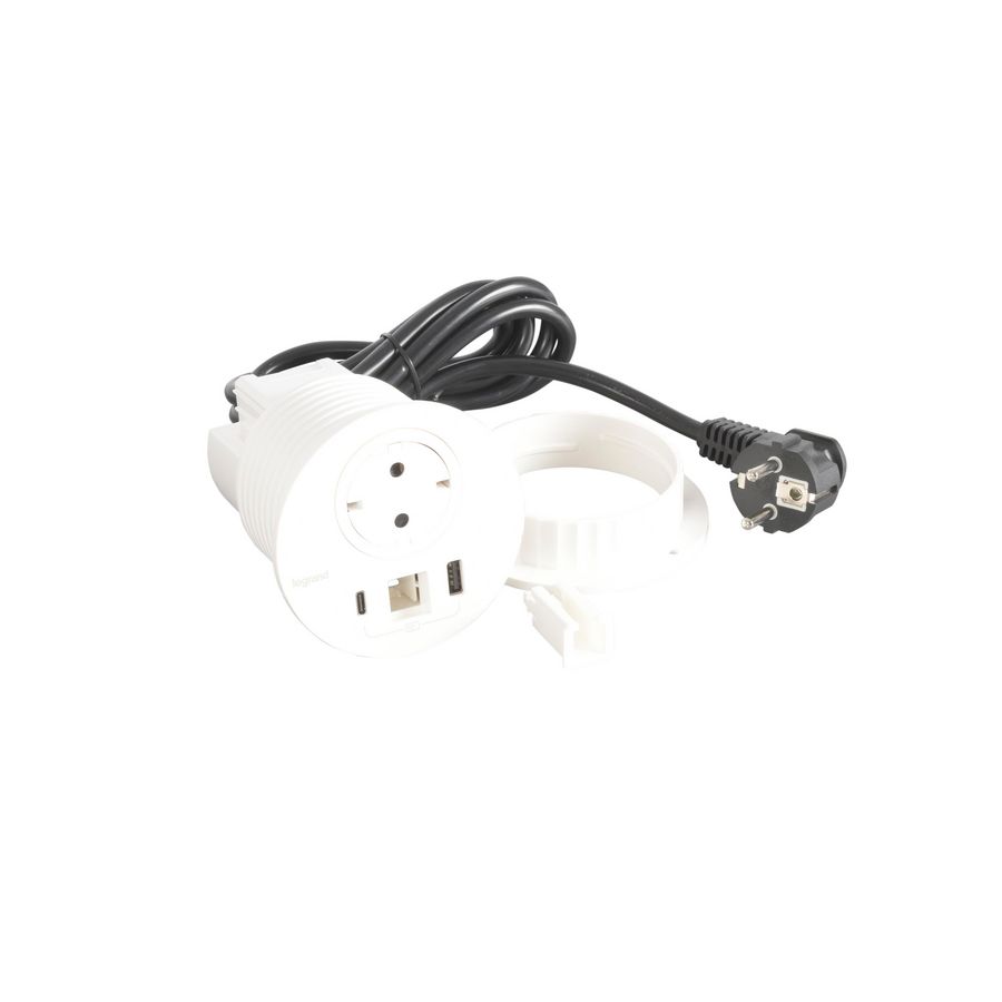 Wandcontactdoos wit+USB+stekker+snoer L2m. Disq80