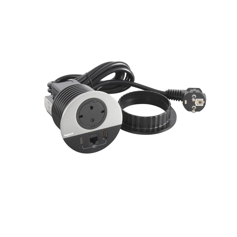 Wandcontactdoos ALU+ USB + RJ45+ stekker +snoer L2m. Disq80