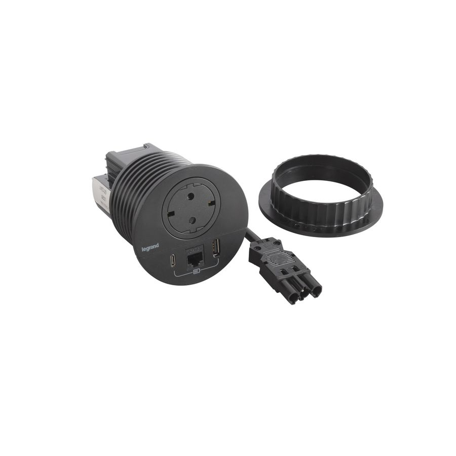 Wandcontactdoos zwart+USB+stekker+snoer L0,5m. Disq80