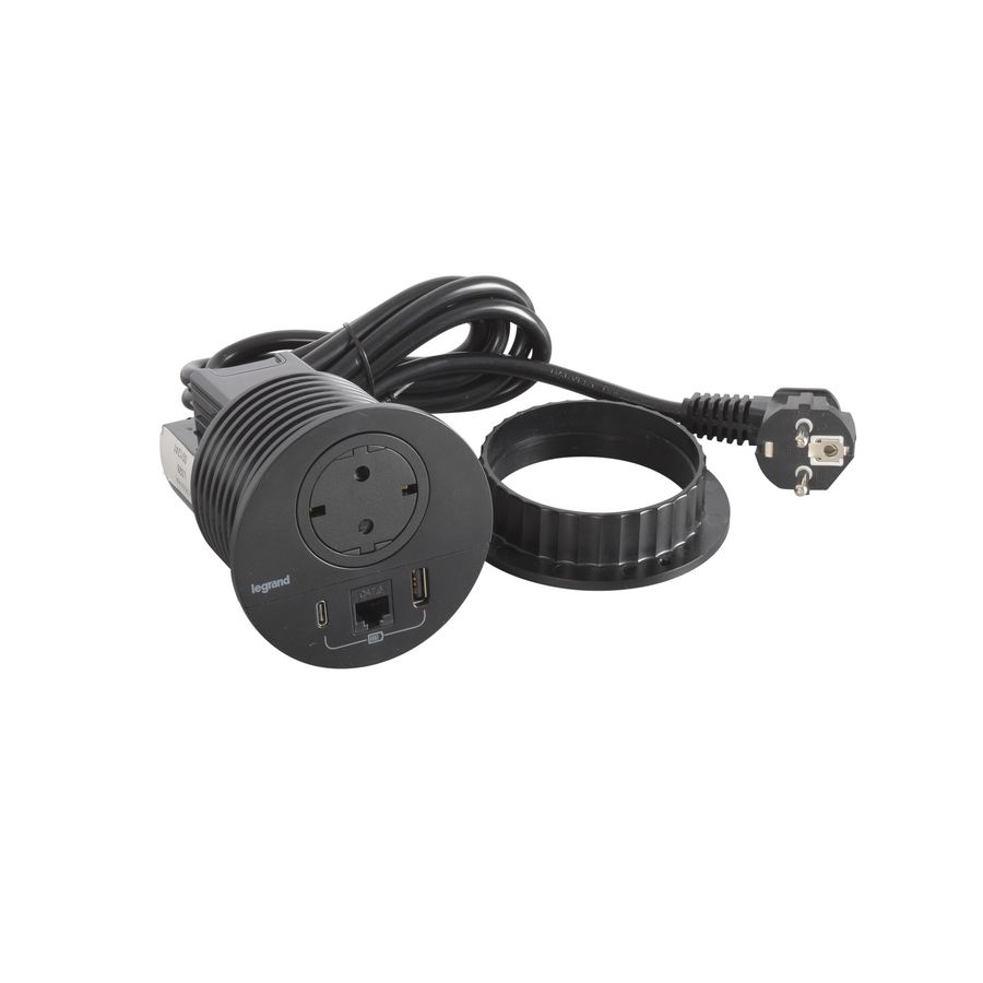 Wandcontactdoos zwart+ USB + RJ45+snoer L2m. Disq80