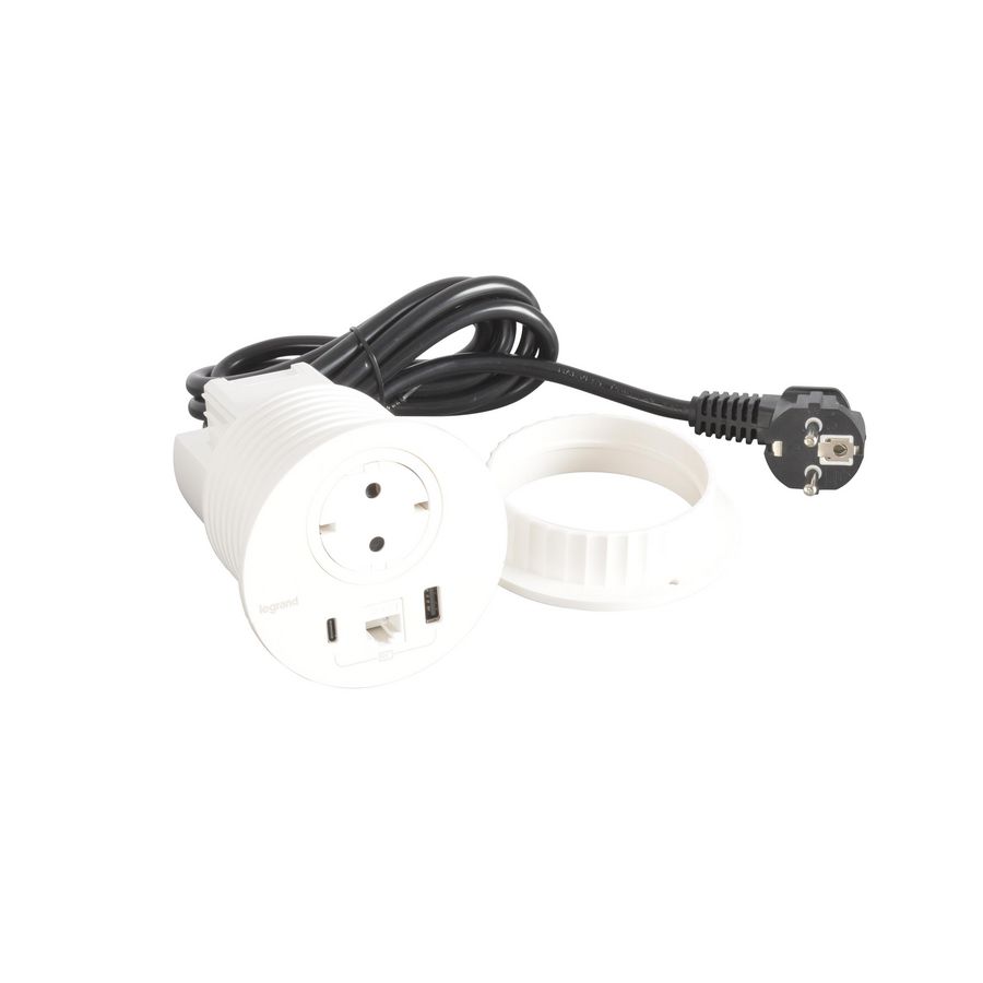 Wandcontactdoos wit + USB + RJ45+snoer L2m. Disq80
