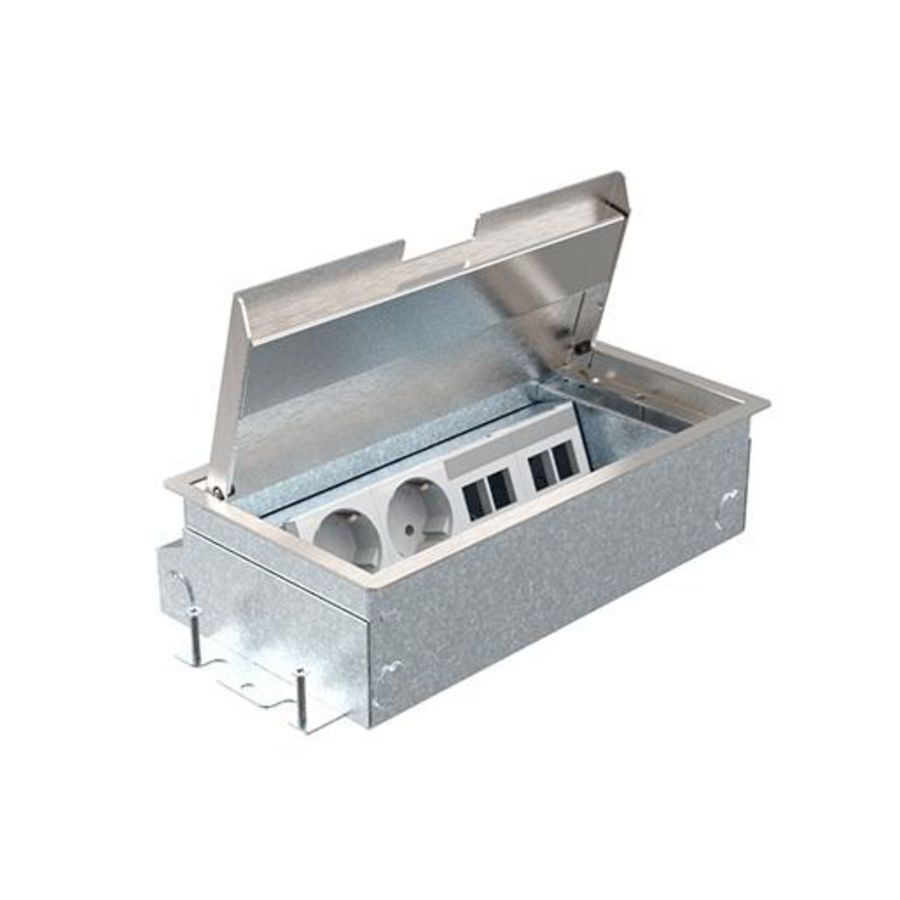 Servicebox+ Vloercontactdoos 65mm 2x wandcontactdoos + 4x data uitsp RVS klep