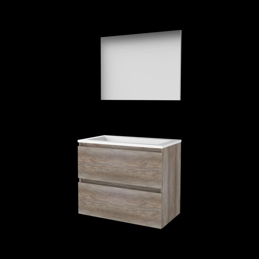 Set BASIC-46 onderkast 80cm Scotch Oak greeploos 2x la acryl wastafel 1x kraangat spiegel op plaat (B46GL80A1SO)