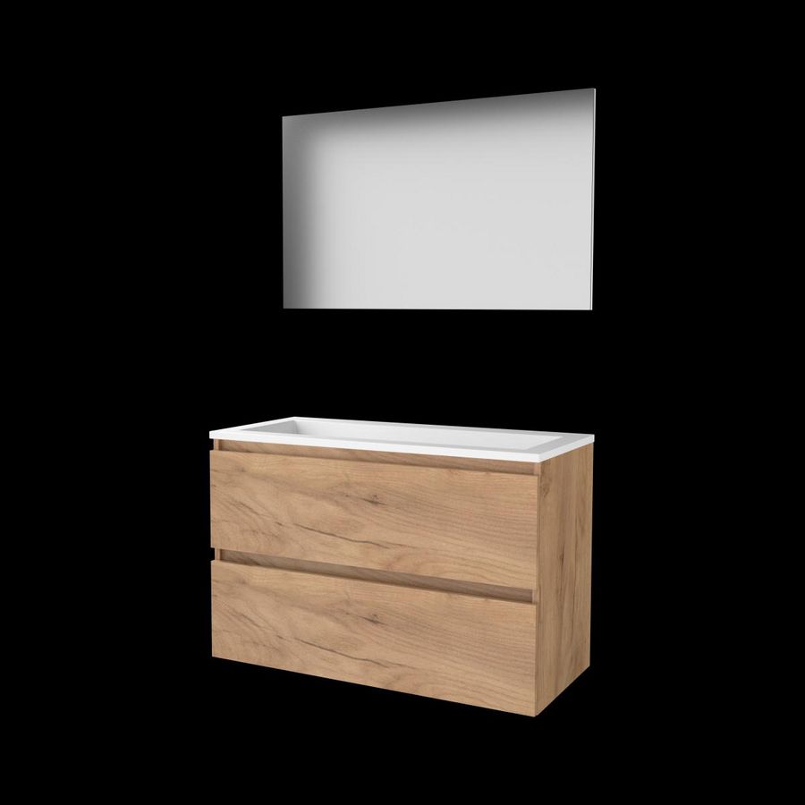 Set BASIC-46 onderkast 100cm Whisky Oak greeploos 2x la acryl wastafel z/ kraangat spiegel op plaat (B46GL100A0WO)