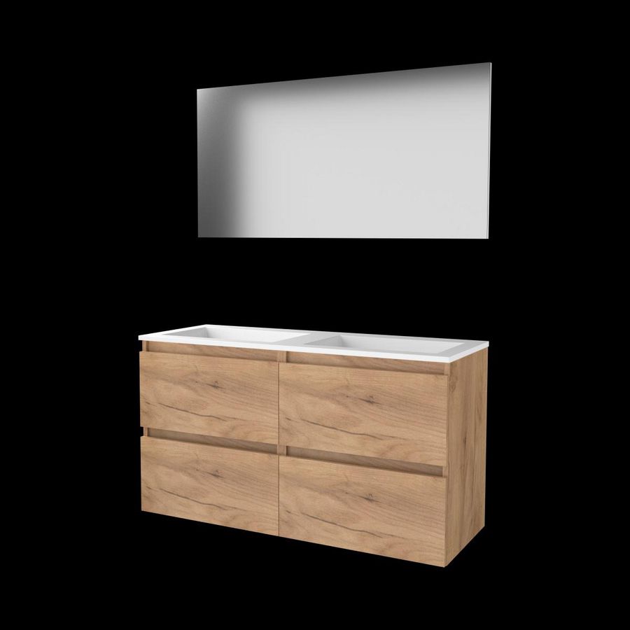 Set BASIC-46 onderkast 120cm Whisky Oak (2x 60cm) greeploos 4x la acryl wastafel z/ kraangat spiegel op plaat (B46GL120A0WO)