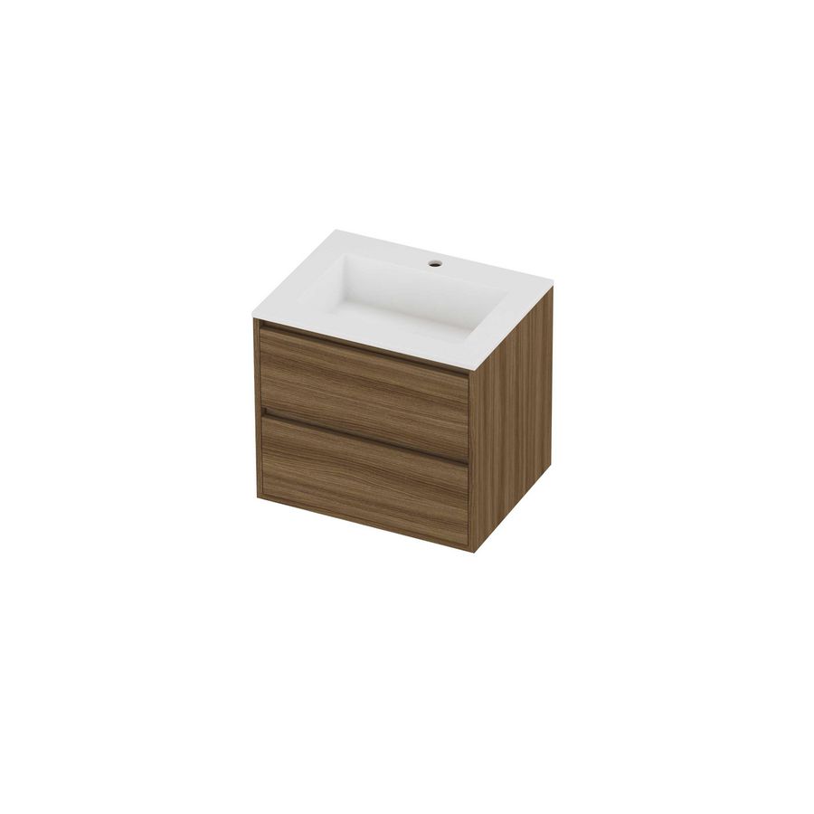 Aristo Set polystone Elegant wastafel met 1 kraangat en onderkast greeploos 2 laden symmetrisch in kader 600x460x540mm matt White/Caramel walnut