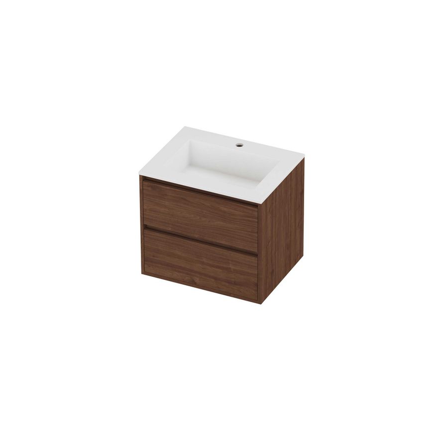 Aristo Set polystone Elegant wastafel met 1 kraangat en onderkast greeploos 2 laden symmetrisch in kader 600x460x540mm matt White/Indian walnut