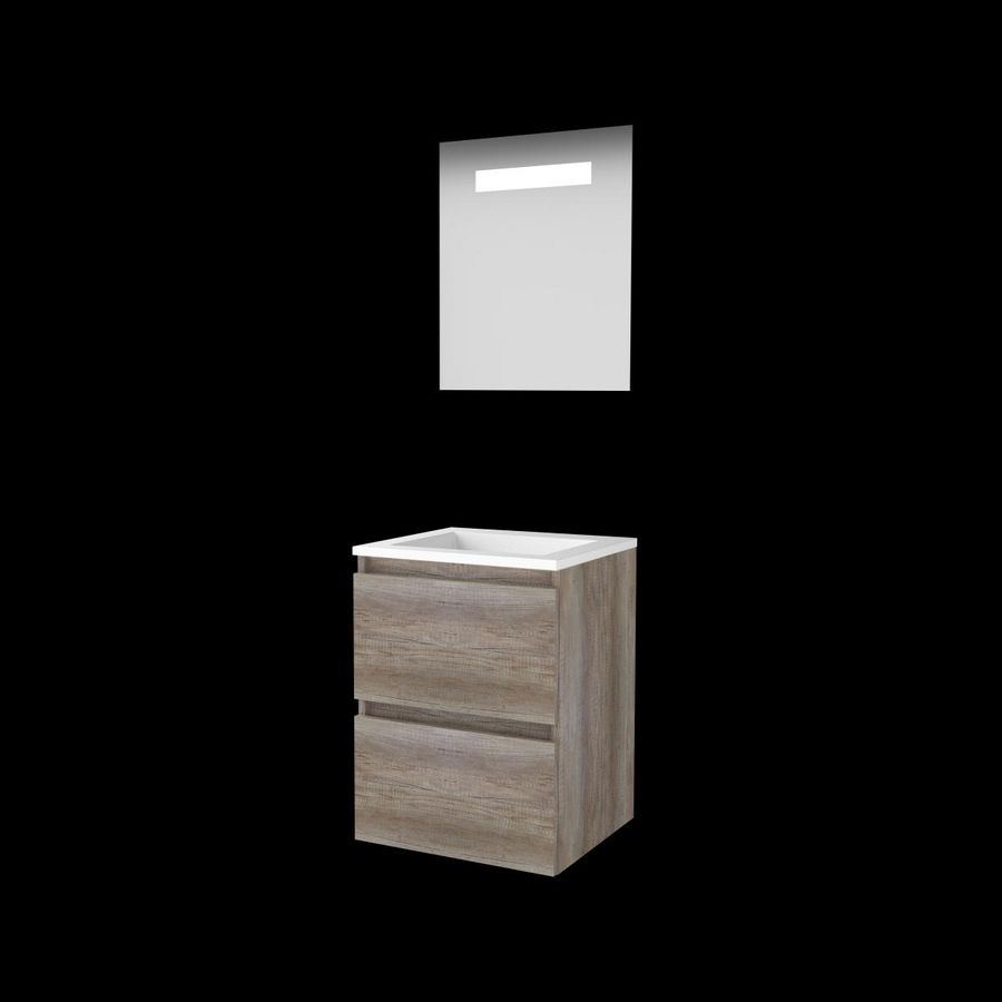 Set ECONOMIC-46 onderkast scotch oak 50cm greeploos 2x la acryl wastafel z/ kraangat spiegel geïn. LED-verl. (E46GL50A0SO)