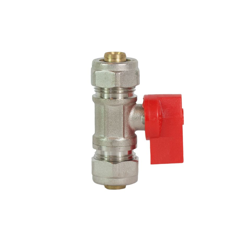 Mini kogelafsluiter vernikkeld 16x2 PEX x 16xx PEX Rood