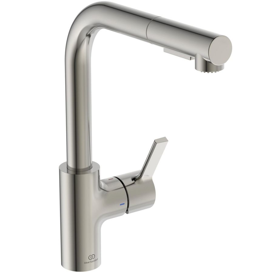 Keukenmengkraan m. hoge l-uit. uittrek hand 2f silver storm (rvs-look) Gusto