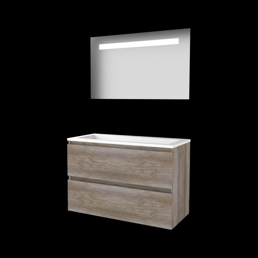 Set ECONOMIC-46 onderkast scotch oak 100cm greeploos 2x la acryl wastafel 1x kraangat spiegel geïn. LED-verl. (E46GL100A1SO)