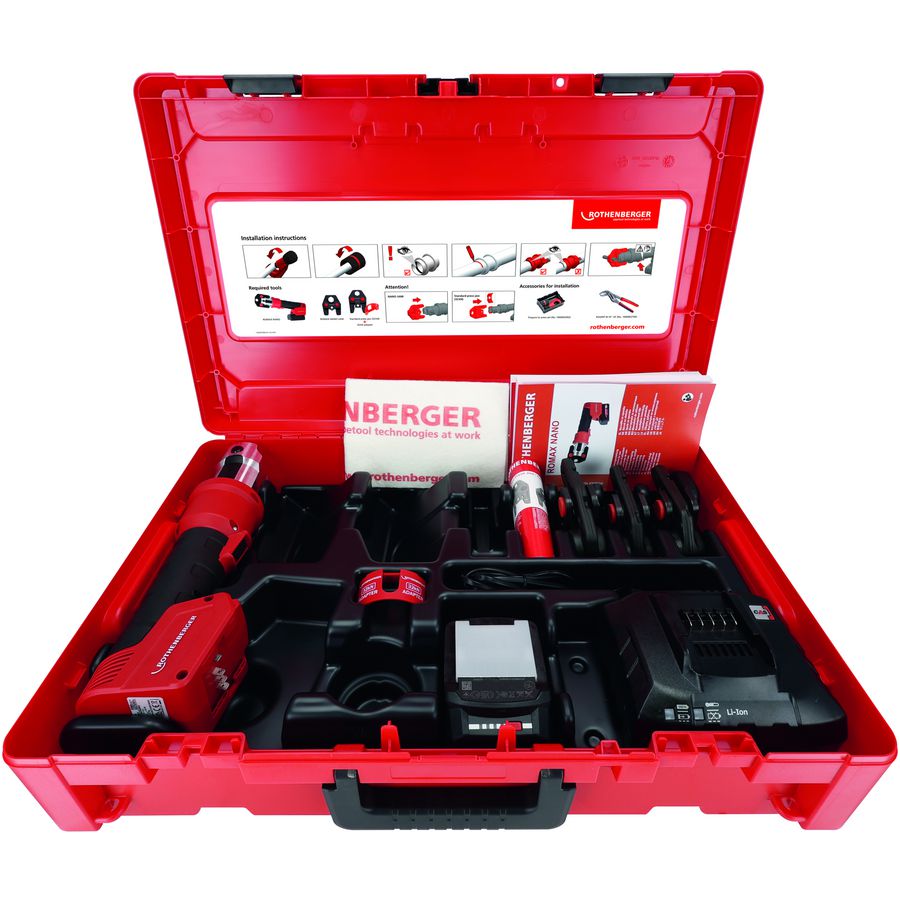 ROMAX NANO set persmachine + iJAWs persbekken SV 15-22-28mm incl. 1x 2Ah accu CAS