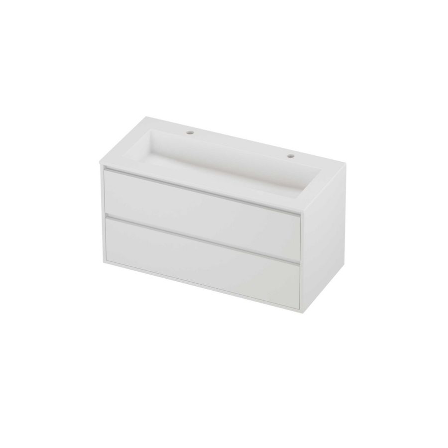 Aristo Set polystone Elegant wastafel met 2 kraangaten en onderkast greeploos 2 laden symmetrisch in kader 1000x460x540mm mat wit/matt white