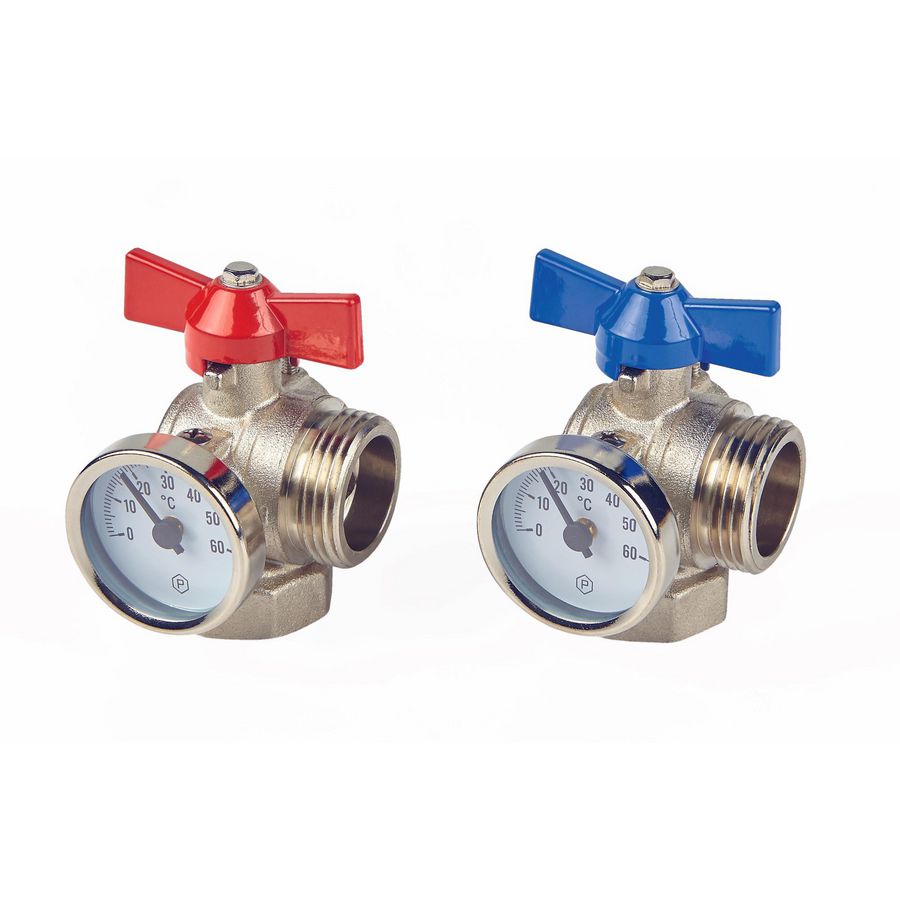Kogelkraan 90° + therm. 1x1 met dichting vernikkeld B+R