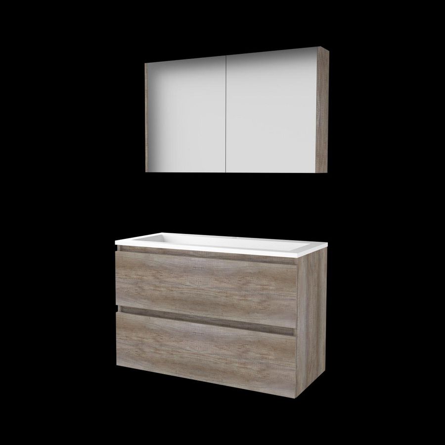 Set COMFORT-46 onderkast 100cm Scotch Oak greeploos 2x la acryl wastafel 1x kraangat spiegelkast (C46GL100A1SO)