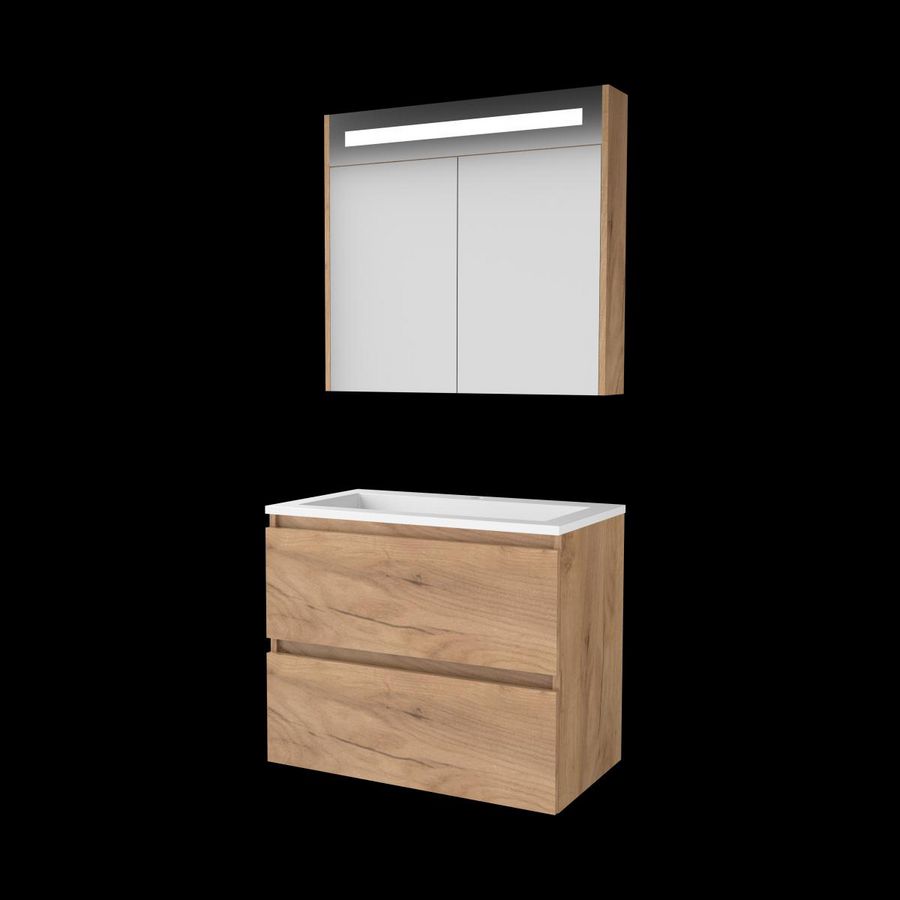 Set PREMIUM-46 onderkast whisky oak 80cm greeploos 2x la acryl wastafel z/ kraangat spiegelkast geïn. LED-verl. (P46GL80A0WO)