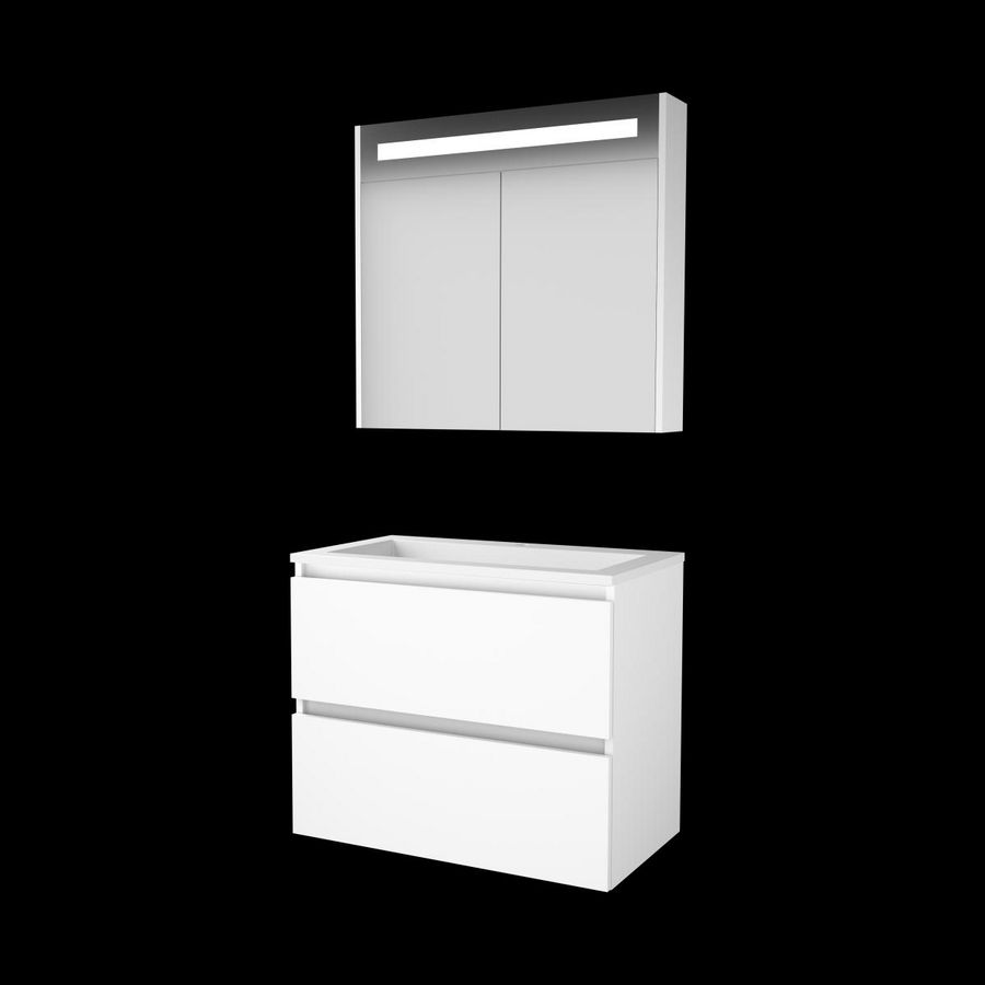 Set PREMIUM-46 onderkast ice white 80cm greeploos 2x la acryl wastafel 1x kraangat spiegelkast geïn. LED-verl. (P46GL80A1IW)