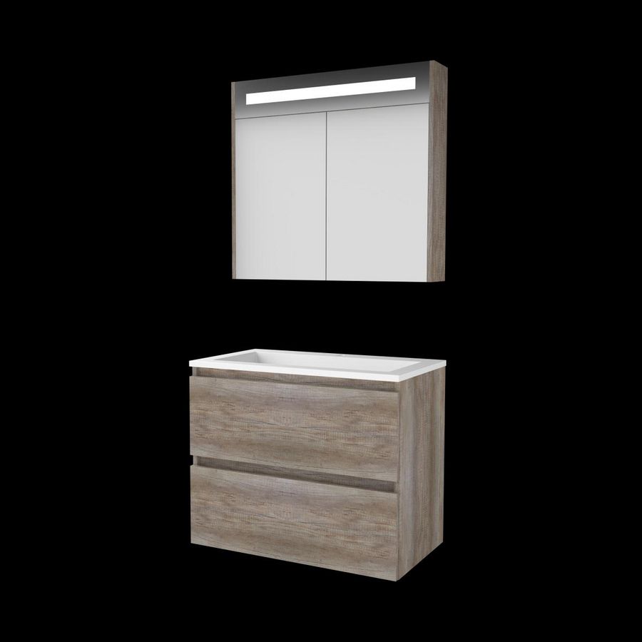 Set PREMIUM-46 onderkast scotch oak 80cm greeploos 2x la acryl wastafel 1x kraangat spiegelkast geïn. LED-verl. (P46GL80A1SO)