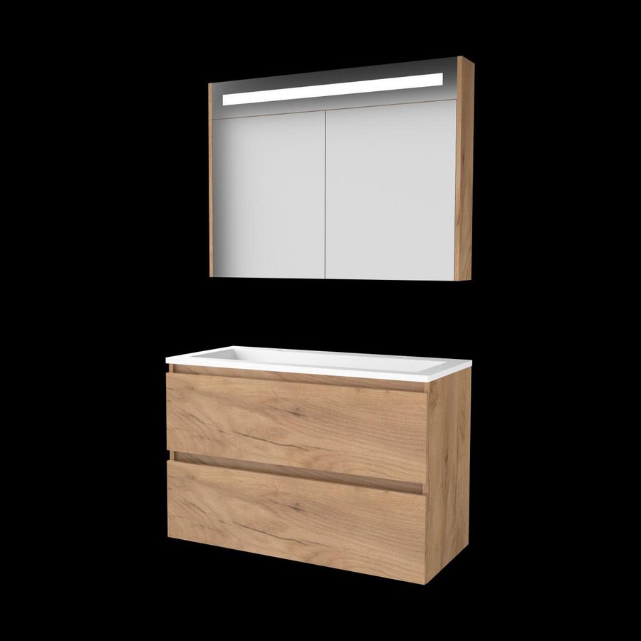 Set PREMIUM-46 onderkast whisky oak 100cm greeploos 2x la acryl wastafel 2x kraangat spiegelkast geïn. LED-verl. (P46GL100A2WO)