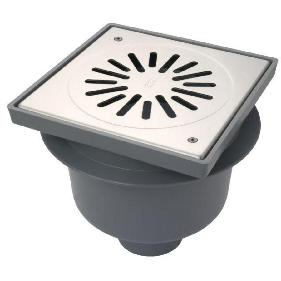 Vloerput ABS 200x200mm 75mm RVS304 geschr rooster max 1,5 kN