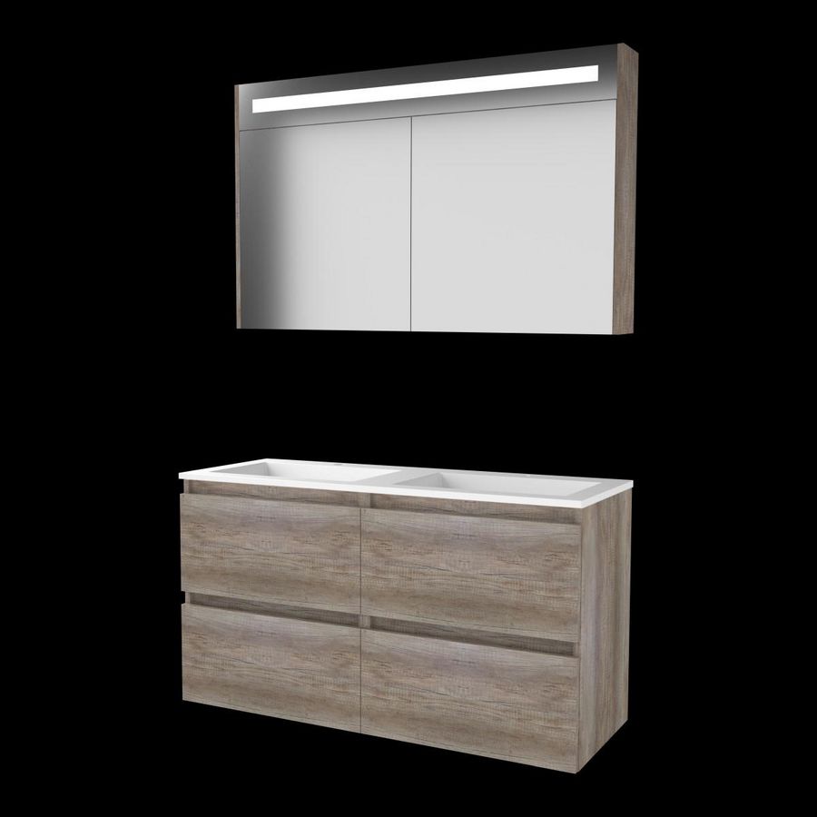 Set PREMIUM-46 onderkast scotch oak 120cm (2x 60cm) greeploos 4x la acryl wastafel 2x kraangat spiegelkast geïn. LED-verl. (P46GL120A2SO)