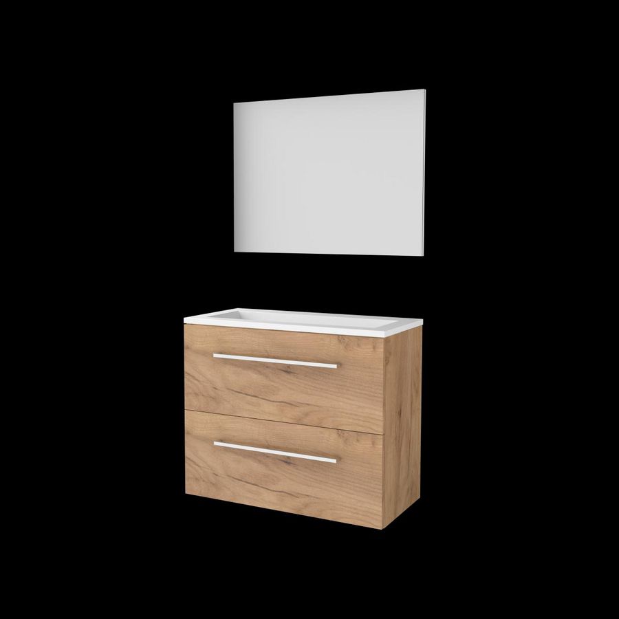 Set BASIC-39 onderkast 80cm Whisky Oak met grepen 2x la acryl wastafel z/ kraangat spiegel op plaat (B39GR80A0WO)