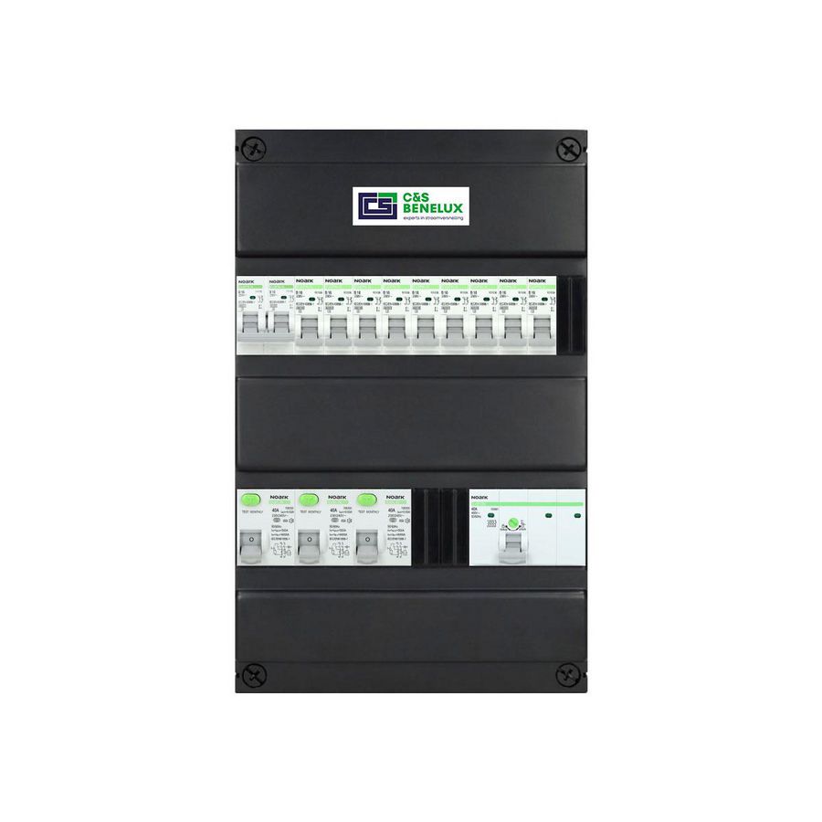 Groepenkast 3-fase hoofdschakelaar 4-pol 40A / 3x aardlek  9 groepen + keukengroep NOARK