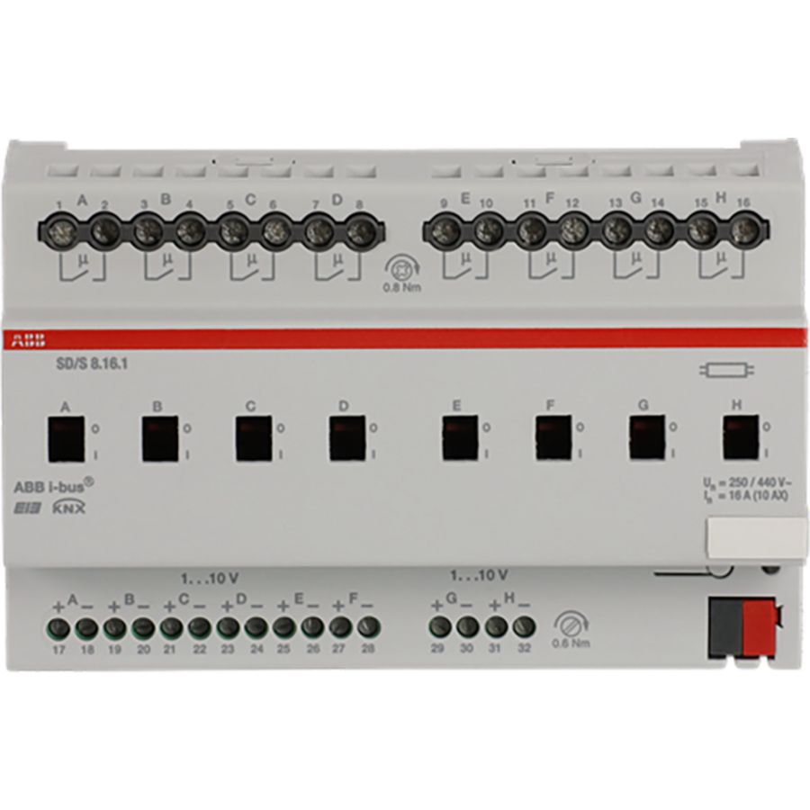 Schak/dim-aktor KNX 2-voudig 0-10V 8 x 16A AC1 DIN-rail (SD/S 8.16.1)