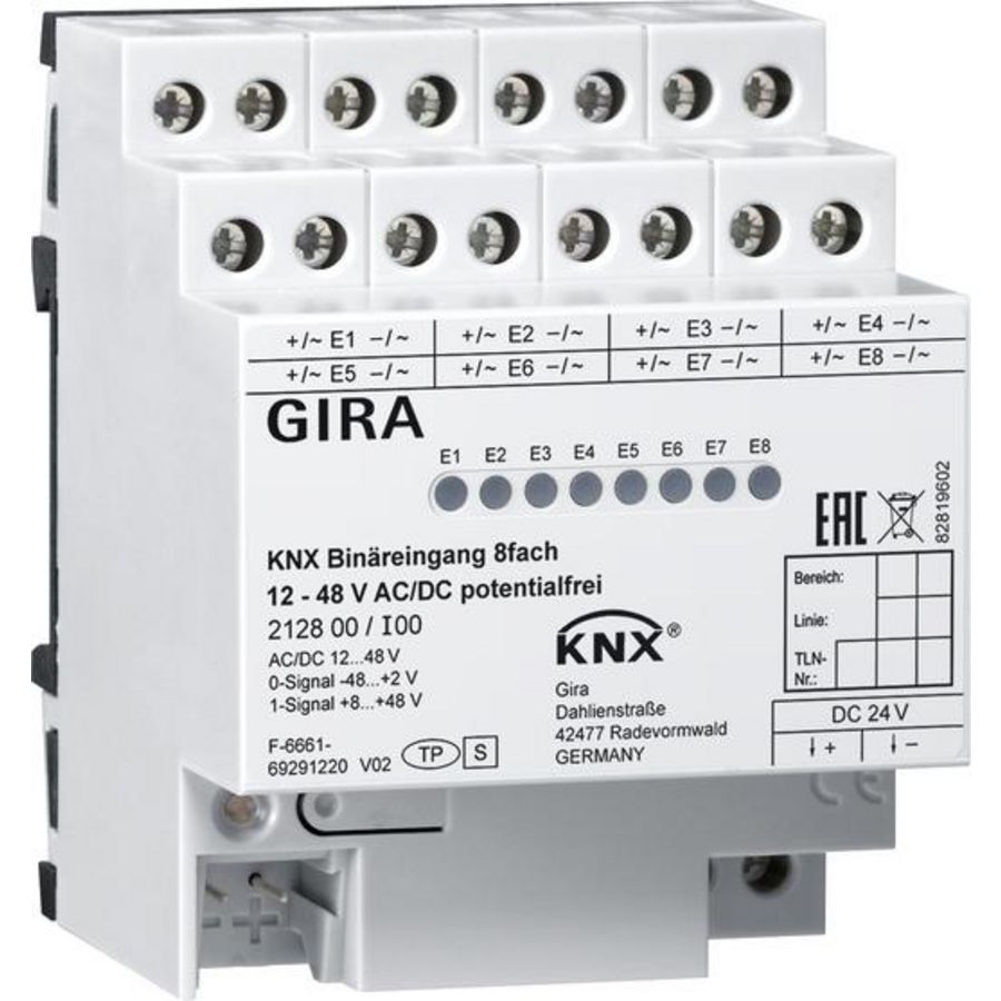 Binaire ing. 8-v 12 - 48V AC/DC pot.vrij KNX DIN-rail