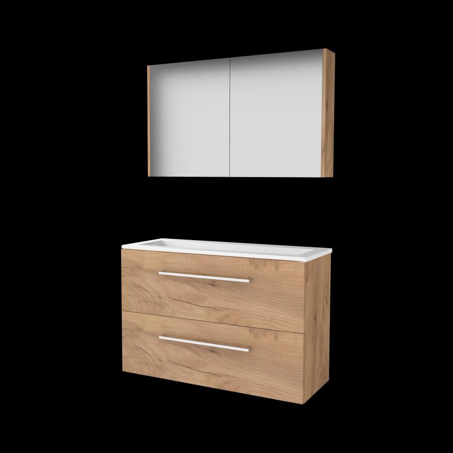 Set COMFORT-39 onderkast 100cm Whisky Oak met grepen 2x la acryl wastafel z/ kraangat spiegelkast (C39GR100A0WO)