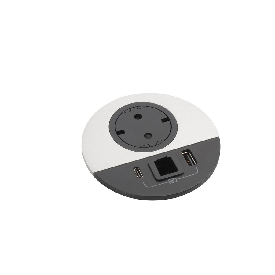 Wandcontactdoos ALU + USB + kabeld. + Wiel. Disq80