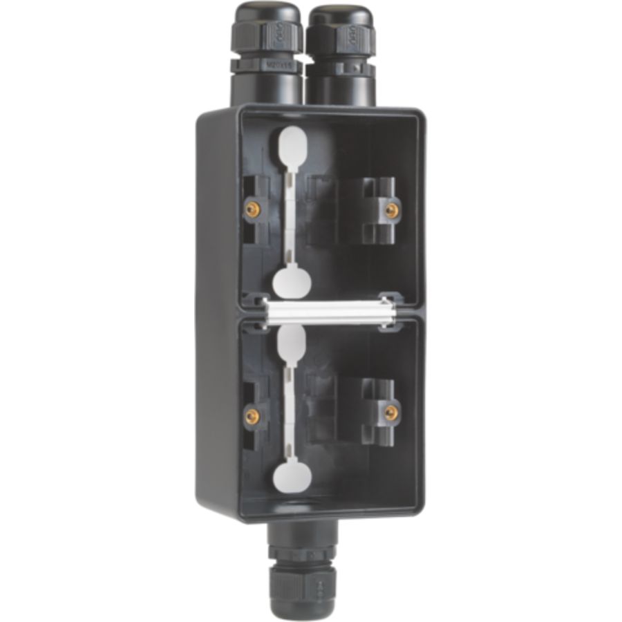 Spuitwaterdichte dubb. V opb.doos 1x2-voudig /1 enkel M20 zw