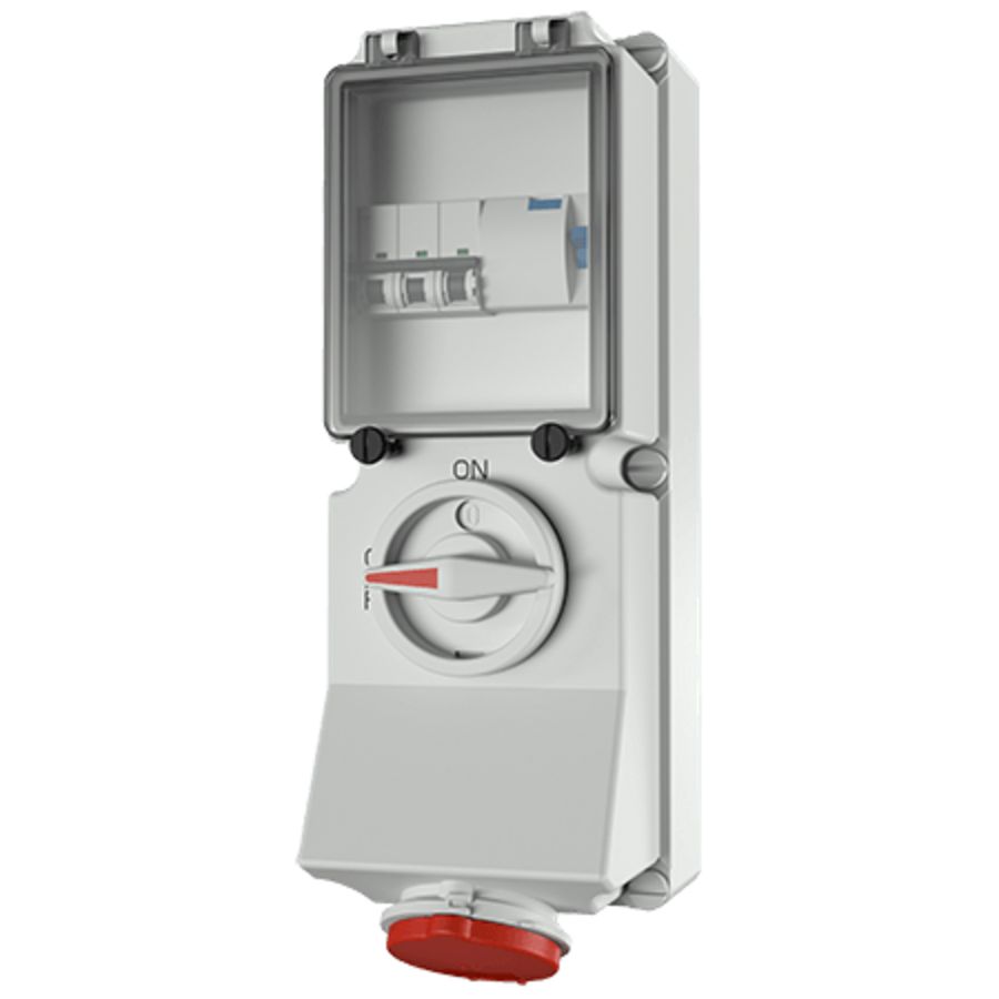Wandcontactdoos 16A 5-polig  6H 400V IP44 DUO +aardlek+automaat