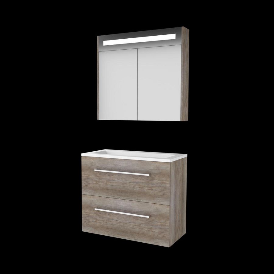 Set PREMIUM-39 onderkast scotch oak 80cm grepen chroom 2x la acryl wastafel z/ kraangat spiegelkast geïn. LED-verl. (P39GR80A0SO)